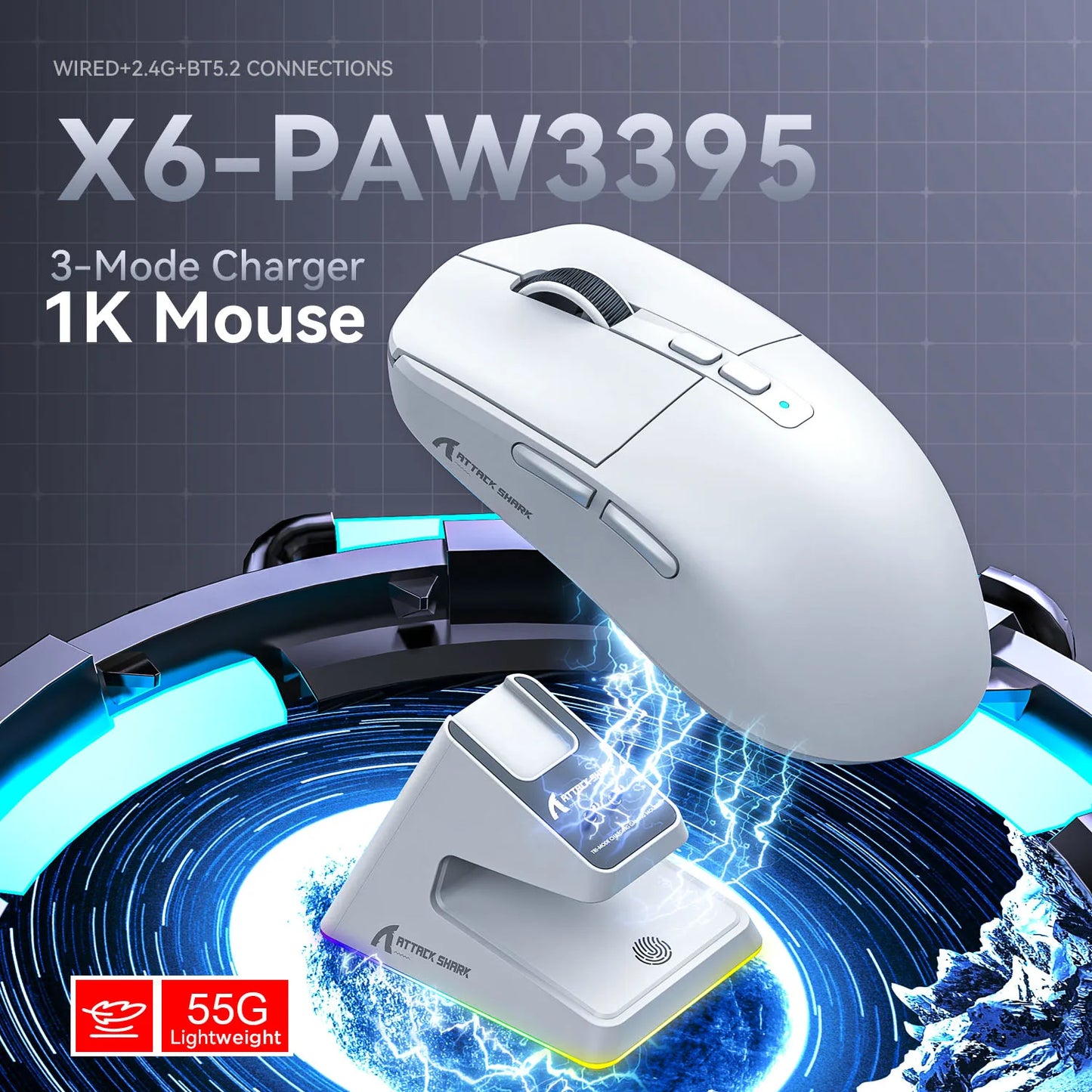 X6 Bluetooth rechargeable Mouse , Tri-Mode Connection, RGB Touch Magnetic Charging Base, Macro Gaming Mouse