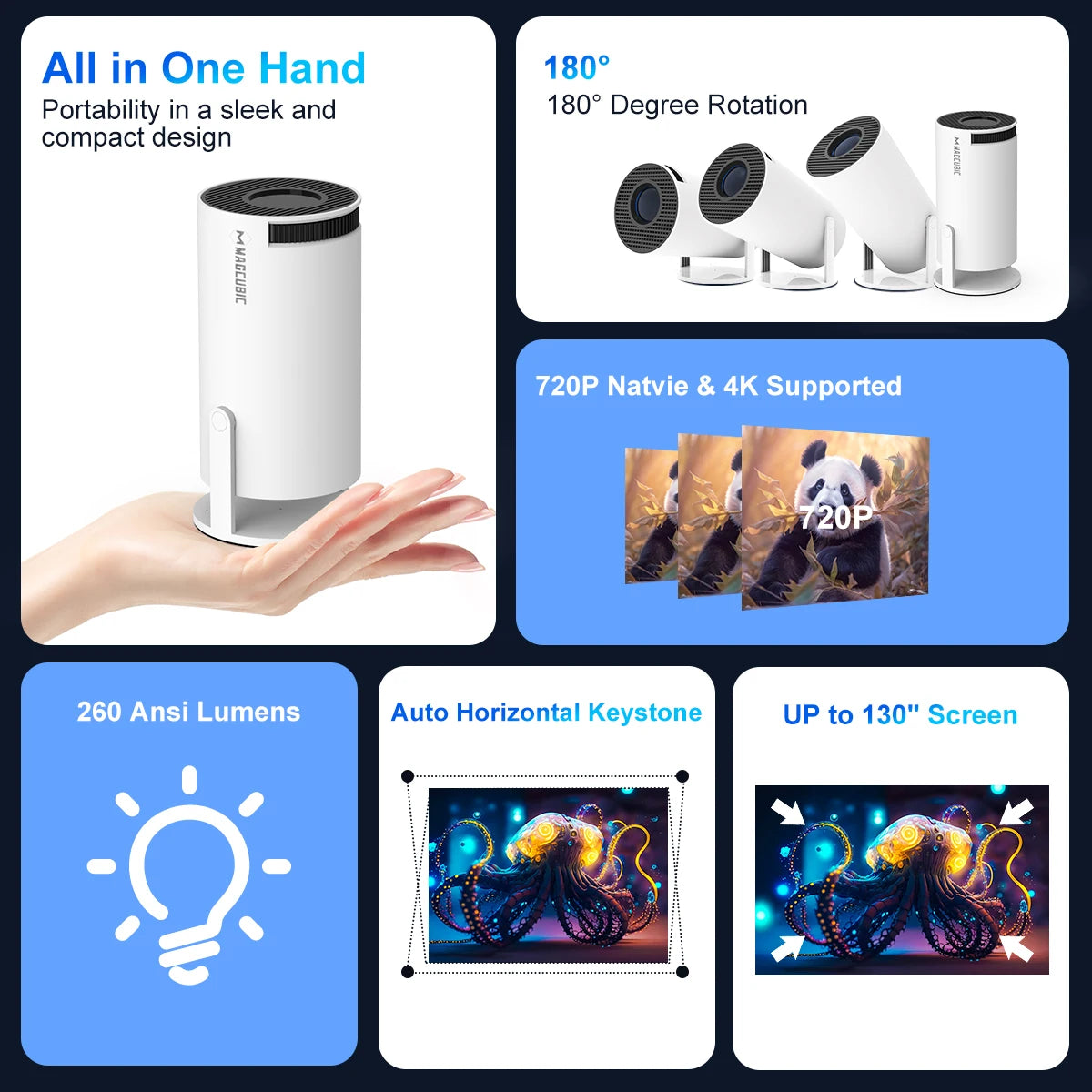 Android 4K Projector 1280*720P HY300 Dual Wifi 260ANSI 180°flexible BT5.0 Cinema Outdoor Portable Projetor HY300 Pro