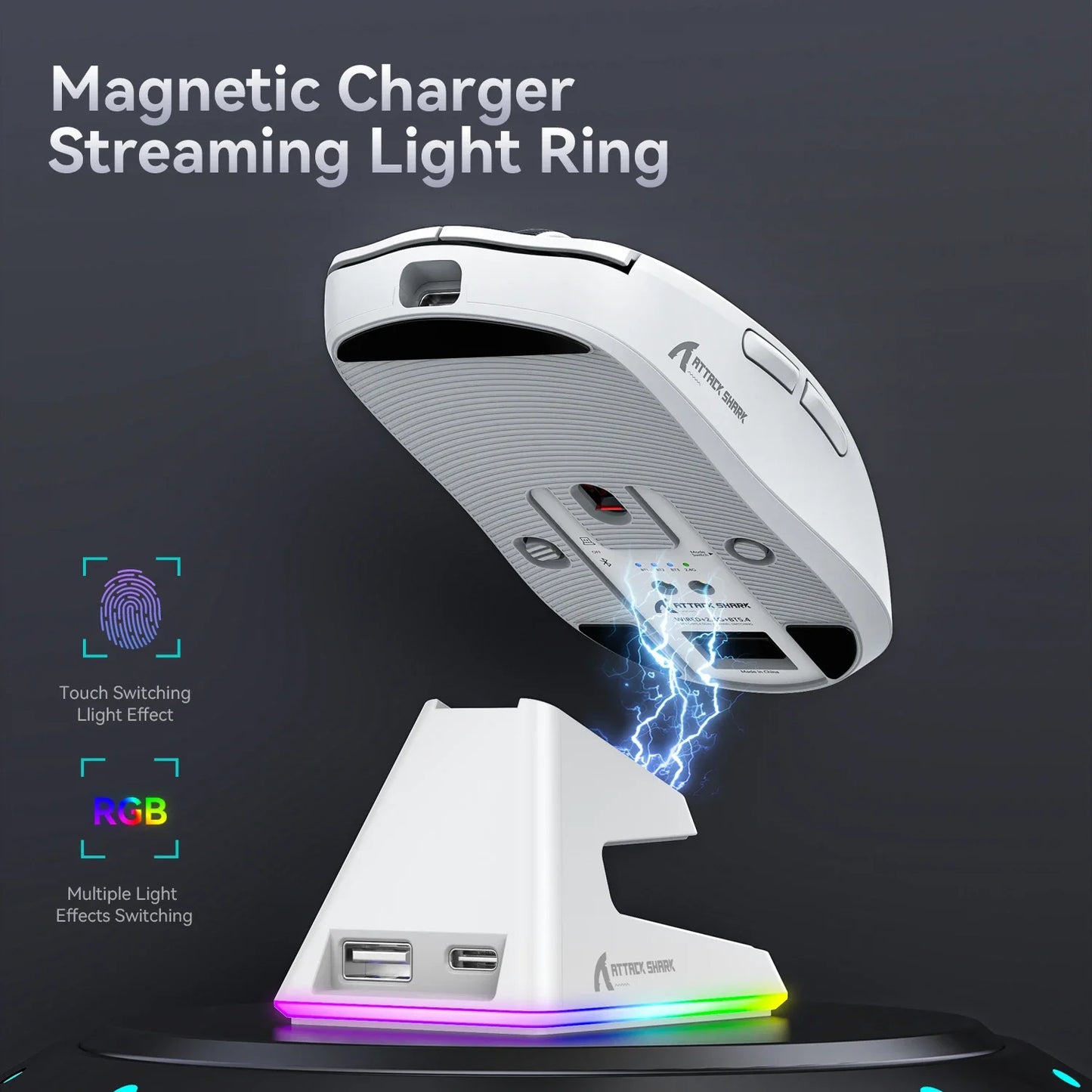 X6 Bluetooth rechargeable Mouse , Tri-Mode Connection, RGB Touch Magnetic Charging Base, Macro Gaming Mouse