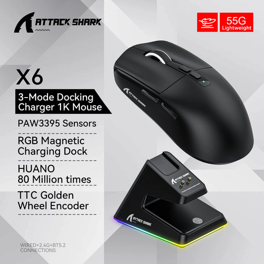 X6 Bluetooth rechargeable Mouse , Tri-Mode Connection, RGB Touch Magnetic Charging Base, Macro Gaming Mouse