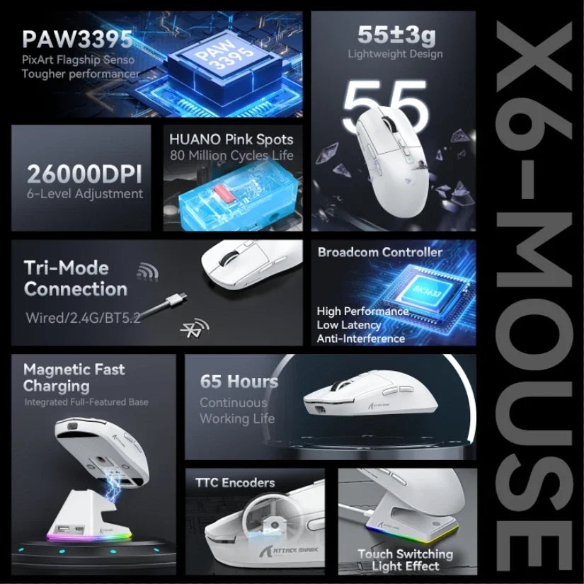 X6 Bluetooth rechargeable Mouse , Tri-Mode Connection, RGB Touch Magnetic Charging Base, Macro Gaming Mouse